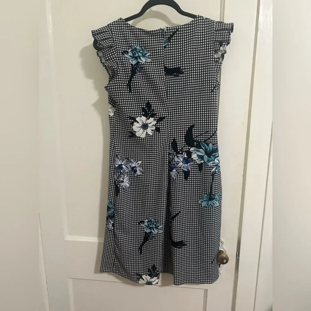 Shelby & Palmer Black White‎ Houndstooth Floral Dress Pleated sleeve